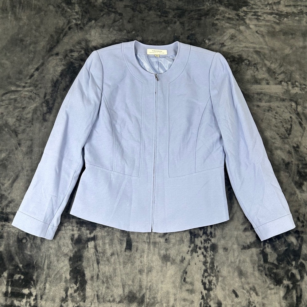 Tahari Blazer Womens 12 Blue Zip Front Collarless Arthur S. Levine Jacket